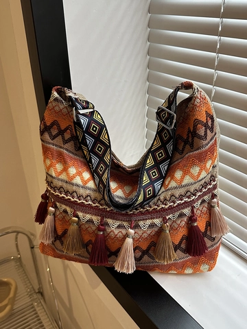 Bohemian Ethnische Gewebte Umhängetasche Mit Quasten Geometrisches Muster Große Kapazität Crossbody Tote Tasche Für Damen