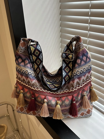 Bohemian Ethnische Gewebte Umhängetasche Mit Quasten Geometrisches Muster Große Kapazität Crossbody Tote Tasche Für Damen