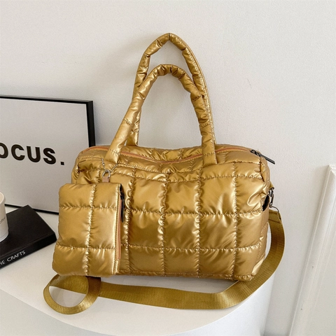 Bolso De Mano Acolchado Metálico De Gran Capacidad Bolso Bandolera Con Mini Bolsa Estilo Almohada Acolchada Moda Mujer