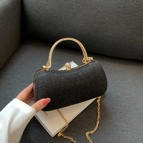 Women Evening Clutch Bag Glitter Shiny Hard Shell Handbag With Rhinestone Metal Handle And Chain Strap For Party Wedding