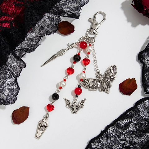 Llavero Gótico de Aleación con Perla Artificial de Imitación Borla Esqueleto Murciélago Ataúd Colgante Halloween Joyería Punk para Mujer Hombre