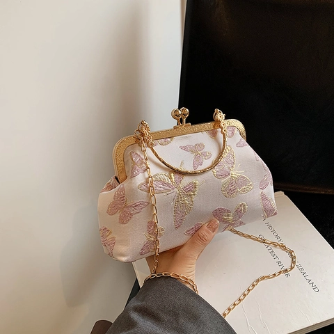 Borsa A Mano In Raso Ricamo Farfalla Vintage Chiusura A Bacio Cornice In Metallo Banchetto Borsa A Tracolla Con Catena Donna