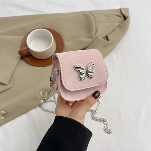 Women Mini Crossbody Bag PU Leather Metal Butterfly Buckle Chain Strap Lipstick Shoulder Bag Street Style