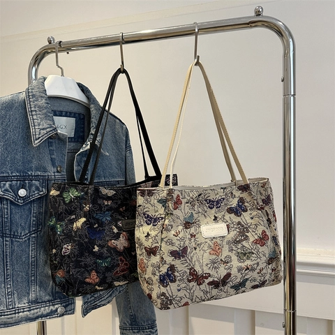 Damen Vintage Ethno Schmetterling Jacquard Tote Bag Große Kapazität Leinwand Gewebte Schultertasche Täglich Reise Mode Handtasche