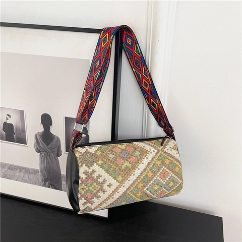 Boho Ethnisch Eimertasche Damen Große Kapazität Leinen PU Geometrische Weberei Umhängetasche Mit Verstellbarem Breitem Gurt