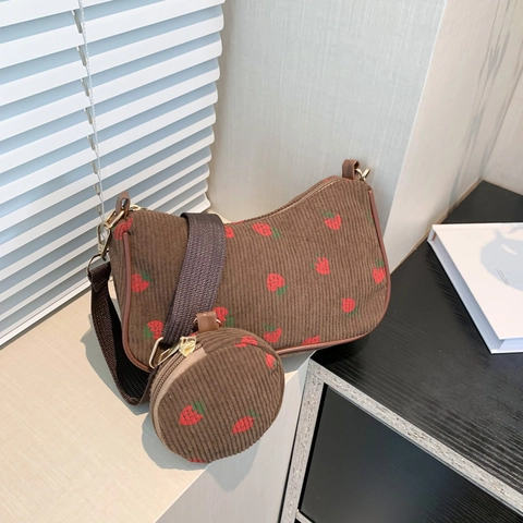 Sac Bandoulière Femme Imprimé Fraise Velours Côtelé Avec Petit Porte-Monnaie Rond Style Coréen Mode Décontractée