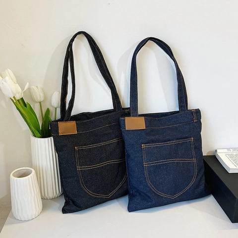 Damen Vintage Denim Tragetasche Große Kapazität Schultertasche Kontrastnaht Casual Canvas Einkaufstasche Täglich Handtasche