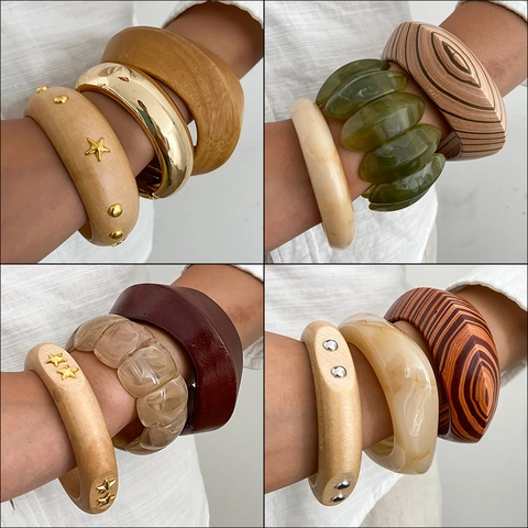 Bohemian Wood Resin Alloy Bangles For Women Retro Irregular Geometric Layered Bracelets With Star Rivet Detailing Ethnic Hand Jewelry