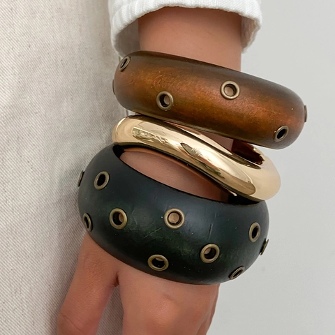 Wide Chunky Bangle Bracelets Wood And Alloy Metal Eyelet Decoration Retro Bohemian Style Fashion Accessory For Women