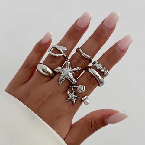 Vintage Ocean Theme Metal Rings For Women Gold Silver Starfish Shell Imitation Artificial Pearl Adjustable Open Finger Rings Boho Resort Jewelry