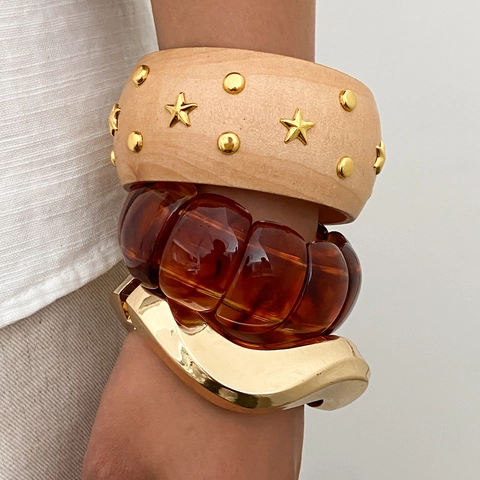 Vintage Wood Resin Alloy Bangle Bracelets Irregular Geometric Studded Wood Grain Amber Gold Bracelet For Women Fashion Jewelry