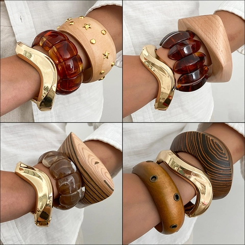 Vintage Wood Resin Alloy Bangle Bracelets Irregular Geometric Studded Wood Grain Amber Gold Bracelet For Women Fashion Jewelry