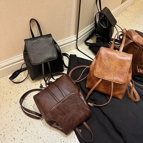 Mochila Pequeña de Cuero PU Vintage para Mujer Elegante Cordón de Ajuste Flip Cover Diario Conmutador Moda Viaje Escuela Mini Bolsa