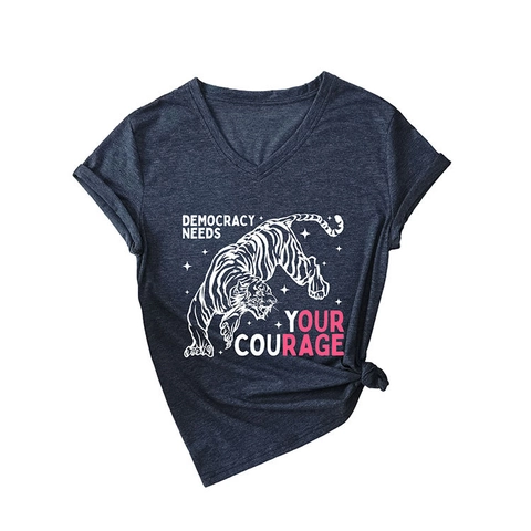 Maglietta Da Donna Con Scollo A V Misto Cotone Stampa Tigre Slogan Maniche Corte Top Estivo Casual