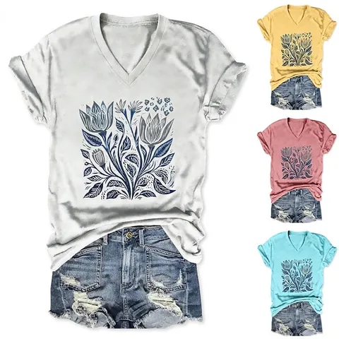 T-Shirt Da Donna Con Scollo A V Misto Cotone Stampa Floreale Manica Corta Casual Top Estivo Largo Con Nodo Laterale