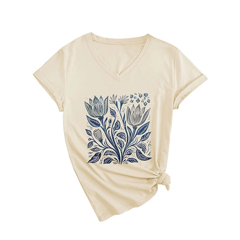 T-Shirt Da Donna Con Scollo A V Misto Cotone Stampa Floreale Manica Corta Casual Top Estivo Largo Con Nodo Laterale