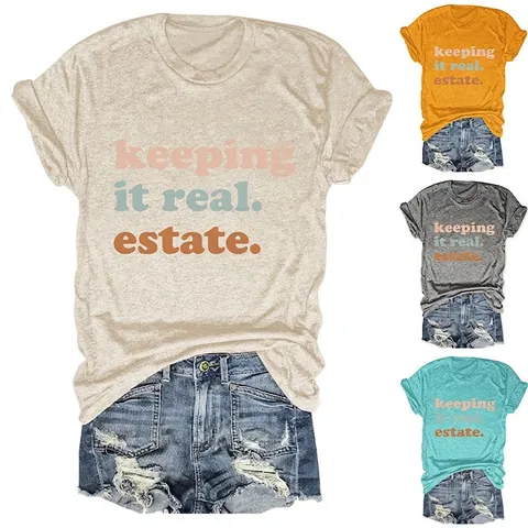 Women Casual Round Neck Short Sleeve Cotton Blend T-Shirt Graphic Letter Print Summer Loose Fit Commuter Fashion Tee Top