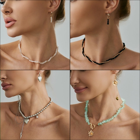 Collar Y Pendientes Para Mujer Aleación Colgante Corazón Cuentas De Cristal Borla Margarita Joyería Elegante