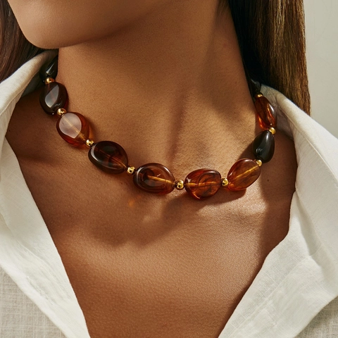 Bohemian Irregular Resin Bead Necklace Ethnic Retro Chunky Marble Texture Alloy Spacers For Women Fashion Jewelry