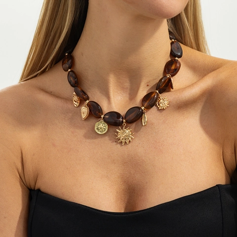 Bohemian Irregular Resin Bead Necklace Ethnic Retro Chunky Marble Texture Alloy Spacers For Women Fashion Jewelry