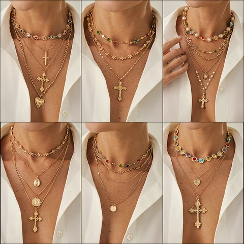 Collana Multistrato Lega Ferro Rame Strass Colorati Croce Medaglia Vergine Maria Ciondolo Cuore Vintage Boho Gioielli Donna