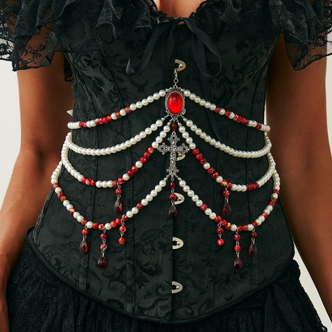 Cadena de Cuerpo Gótica Perla Artificial Roja Sangre Para Mujer Colgante Cruz Cadena de Cintura Multicapa Halloween Punk Joyería Retro