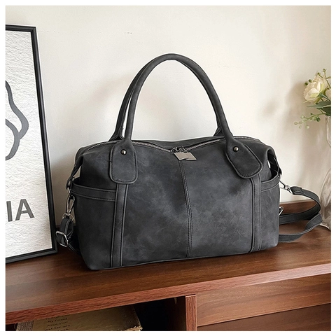 Retro Boston Bag Frosted PU Leather Large Capacity Handbag Casual Shoulder Crossbody Bag For Women Vintage Style