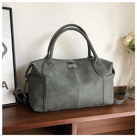 Retro Boston Bag Frosted PU Leather Large Capacity Handbag Casual Shoulder Crossbody Bag For Women Vintage Style