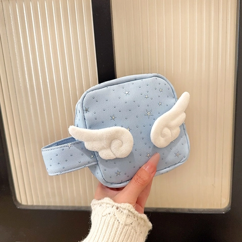 Cute Angel Wings Mini Handbag Starry Pattern Nylon Handheld Storage Bag For Women Girl Versatile Plush Decor Pouch Wallet
