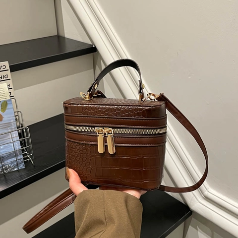 Retro Croc Embossed Square Box Bag For Women Fashion PU Leather Handbag Casual Crossbody Shoulder Bag With Golden Zipper