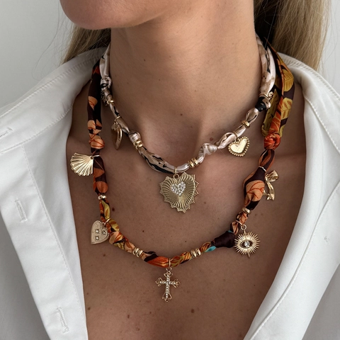 Vintage Women Bohemian Satin Scarf Wrap Necklace Gold Alloy Heart Cross Shell Pendant Rhinestone Choker Jewelry Accessory