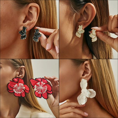 Retro Overstated Flower Stud Earrings Alloy Drip Oil Fabric Petal Earrings For Women Artistic Fashion Jewelry Accessories