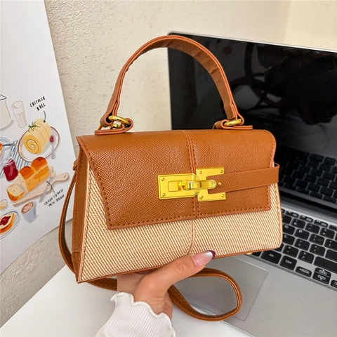 Women Contrast Color PU Leather Canvas Handbag With Gold Metal Lock Adjustable Shoulder Crossbody Small Square Bag