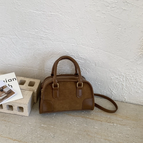 Vintage Women Shoulder Handbag PU Suede Patchwork Boston Bag With Beaded Charm Minimalist Retro Square Crossbody Bag