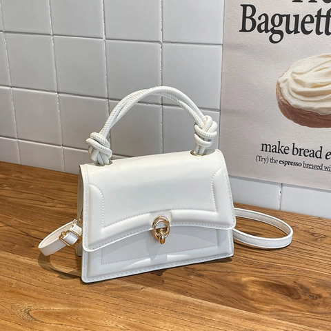 Women Crossbody Bag PU Leather Knot Handle Small Square Flap Handbag Shoulder Bag Golden Buckle Solid Color Elegant