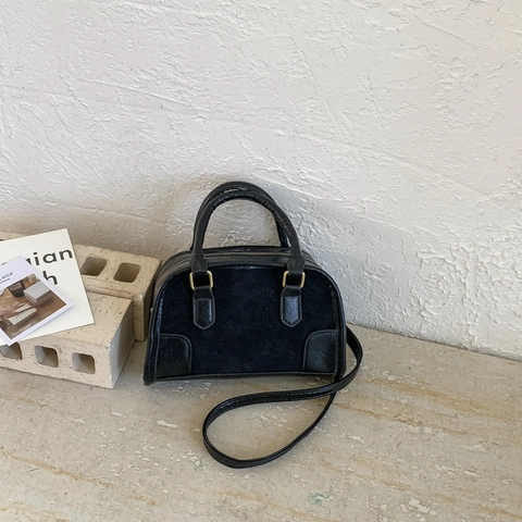 Vintage Women Shoulder Handbag PU Suede Patchwork Boston Bag With Beaded Charm Minimalist Retro Square Crossbody Bag