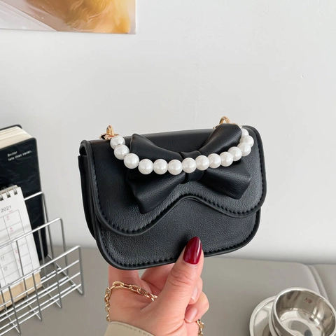 Mini Crossbody Bag PU Leather Artificial Pearl Handle Bow Decor Small Square Shoulder Bag Sweet Elegant Fashion For Women