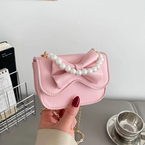 Petit Sac à Épaule Nœud pour Femme en Cuir PU Avec Poignée en Perle Artificielle Chaîne Dorée Sac à Main Travers