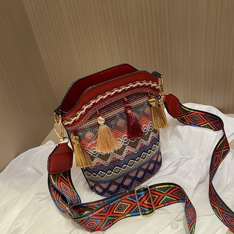 Ethno Gewebte Beuteltasche Für Damen Böhmisch Geometrisch Breiter Riemen Quaste Schulter Umhängetasche Für Reisen Alltag Lässig