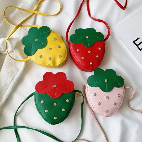 Cute Strawberry Shape Kids Shoulder Bag Waterproof PU Leather Mini Crossbody Bag With Rhinestones For Girls Princess Accessory