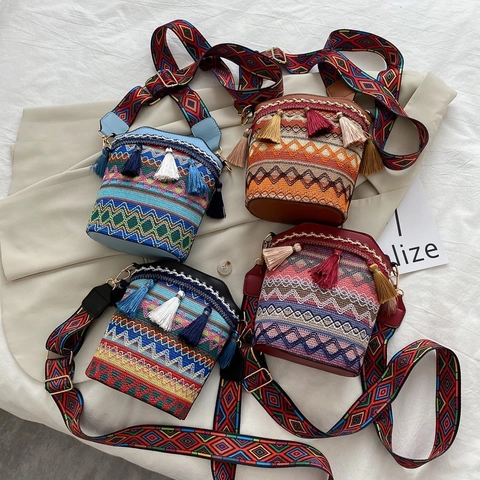 Ethno Gewebte Beuteltasche Für Damen Böhmisch Geometrisch Breiter Riemen Quaste Schulter Umhängetasche Für Reisen Alltag Lässig