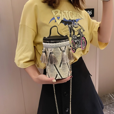 Bohemian Gewebte Zylindertasche Für Damen Ethno Quasten Eimer Umhängetasche Mit Metallkettenriemen Und Quasten