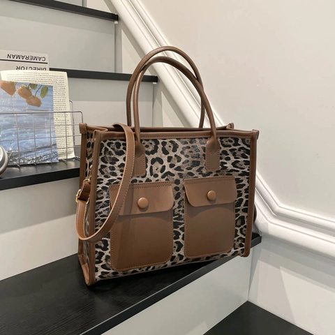 Borsa Tote da Donna con Stampa Leopardata di Moda Borsa a Tracolla in Pelle PU Retrò Borsa a Mano con Doppie Tasche Anteriori