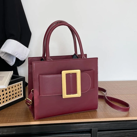 Vintage Minimalistische Damen PU Leder Quadratische Tasche Gold Schnalle Top Griff Schulter Crossbody Tasche Mode Handtasche