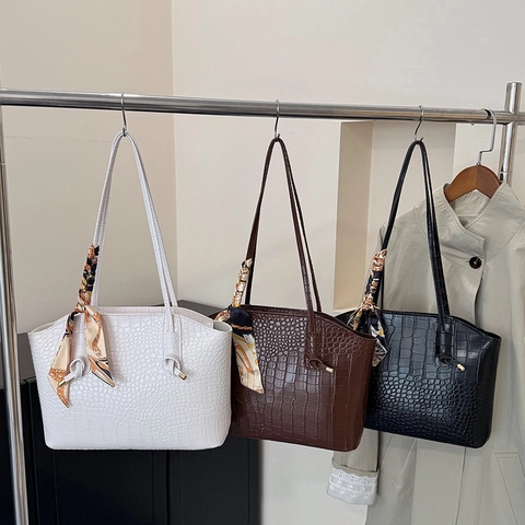 Women Crocodile Embossed Tote Bag Synthetic Leather Handbag With Decorative Scarf Fashion Large Capacity Commuting Shoulder Bag