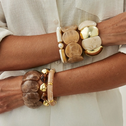 Chunky Resin Bangle Bracelet For Women Marble Texture Gold Tone Alloy Geometric Bohemian Stackable Jewelry