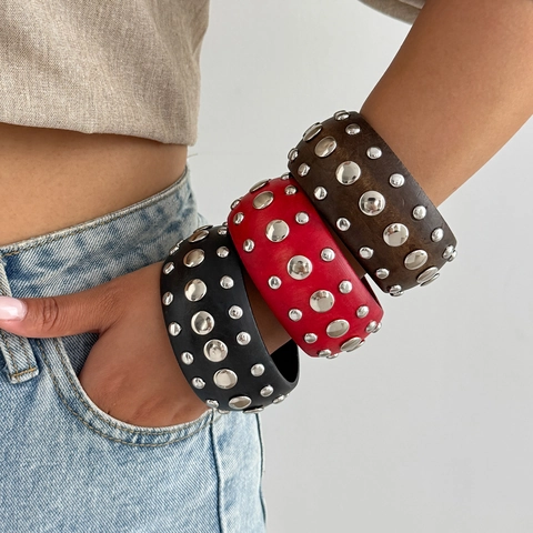 Punk Armreif Holz Legierung Niete Besetzt Armband Für Herren Damen Vintage Hip Hop Rock Mode Schmuck Geschenk