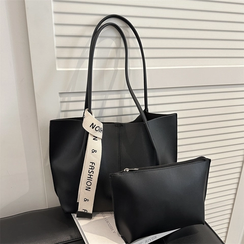 Large Capacity PU Leather Tote Bag And Pouch Fashion Letter Ribbon Minimalist Urban Office Commute Handbag