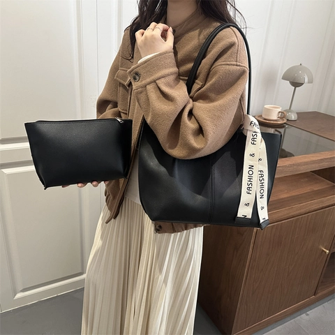Women Large Capacity PU Leather Tote Bag Set With Small Pouch Solid Color Minimalist Shoulder Bag Fashion Ribbon Decor