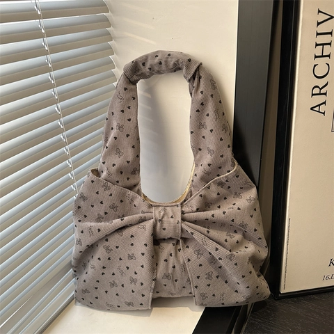 Vintage Corduroy Shoulder Bag For Women Heart Printed Large Bow Underarm Tote Bag Stylish Ruffled Handle Retro Handbag
